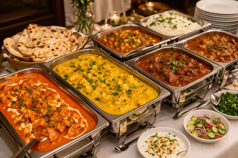 Buffet de catering en casa para eventos en Madrid con platos principales y acompañamientos