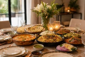 catering a domicilio en Madrid con comida india en mesa para evento en casa