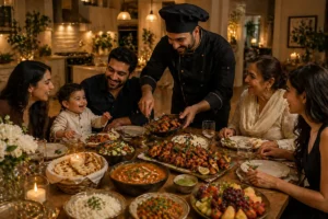 chef sirviendo comida india en casa para cumpleaños de adultos en Madrid con familia y niño