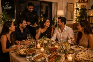 chef sirviendo cena en casa para cumpleaños de adultos en Madrid con amigos disfrutando