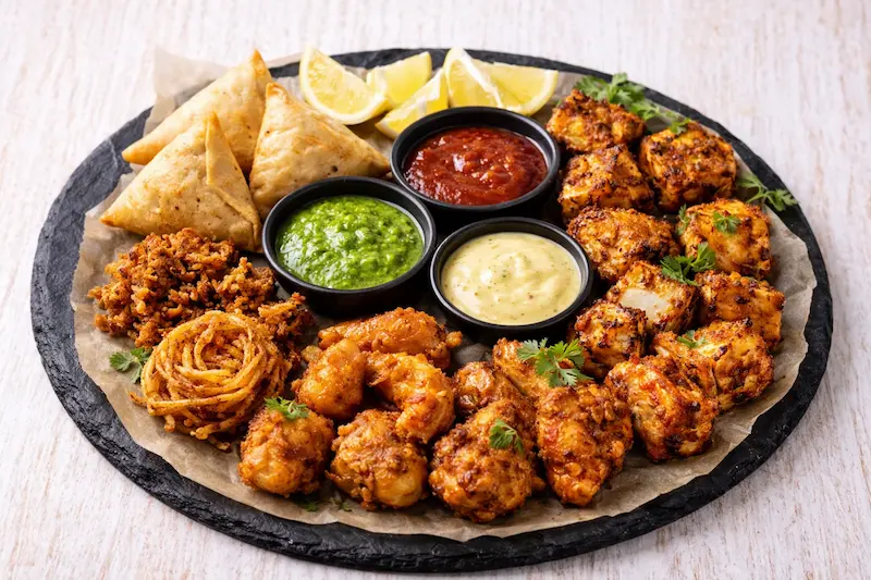Entrantes variados para catering en casa y eventos en Madrid con samosas, pakoras y chutneys