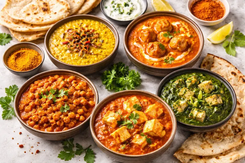 Platos principales vegetarianos para catering en casa y eventos en Madrid con diferentes opciones de curry