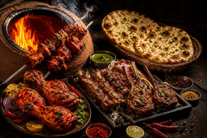 Authentic tandoori grill special with chicken tikka, lamb chops, seekh kebab, naan bread and traditional clay oven