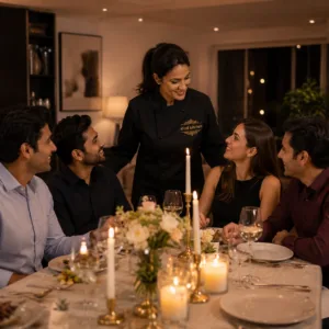 Private chef serving freshly prepared food to guests during a private dining experience at home in Spain.