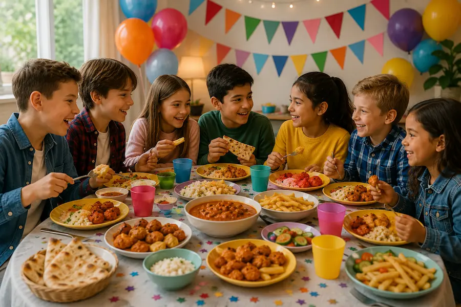 niños disfrutando comida india en cumpleaños infantil en casa en Madrid