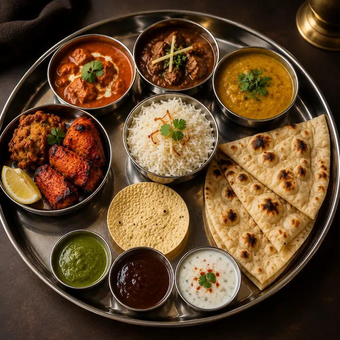 Authentic Indian thali set menu with naan bread, rice, chicken tikka, curry, papadum and traditional chutneys