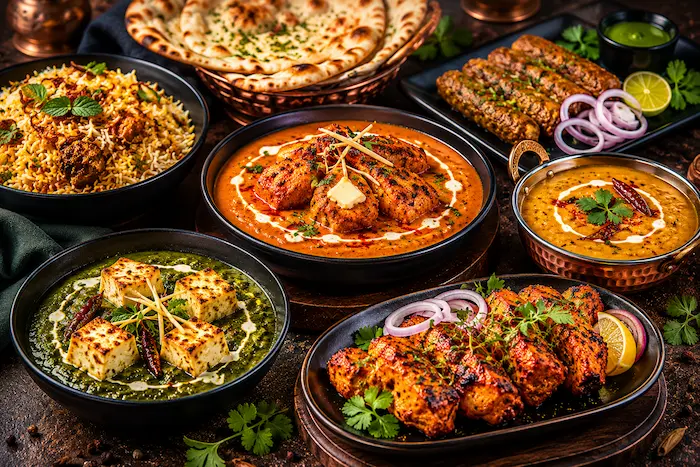 Selección de platos indios gourmet preparados por chef privado para catering y eventos en Madrid