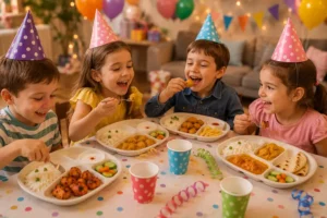 niños disfrutando menú infantil de comida india en cumpleaños en casa en Madrid