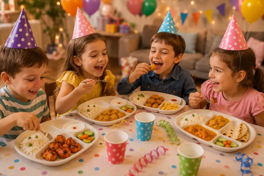 niños disfrutando menú infantil de comida india en cumpleaños en casa en Madrid