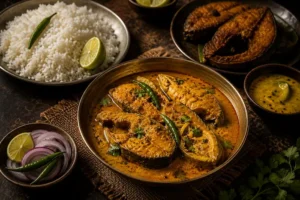 Traditional Bangladesh fish curry with rice, fried fish and authentic Bengali flavor
