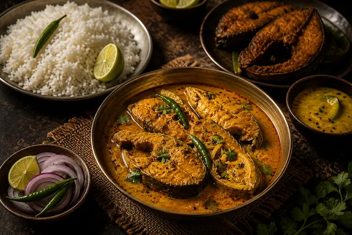 Traditional Bangladesh fish curry with rice, fried fish and authentic Bengali flavor