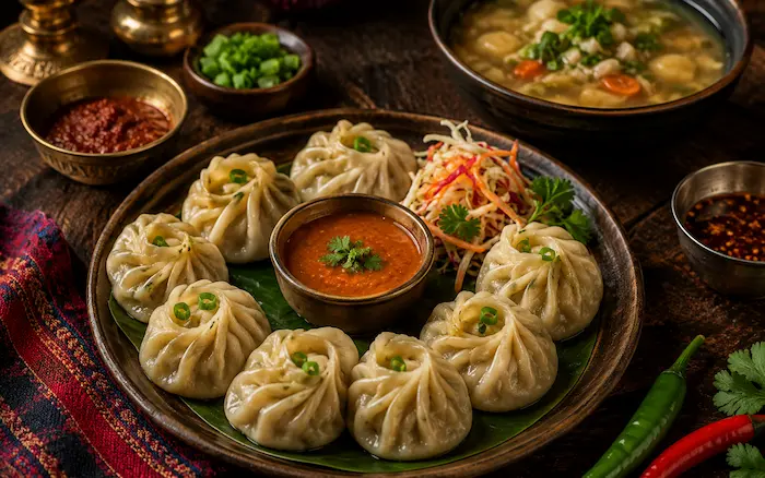 Traditional Nepali momo set menu with Himalayan dumplings, spicy chutney and authentic comfort food
