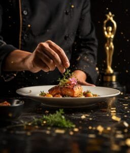Private chef carefully plating a gourmet fine dining dish with premium presentation and culinary excellence.