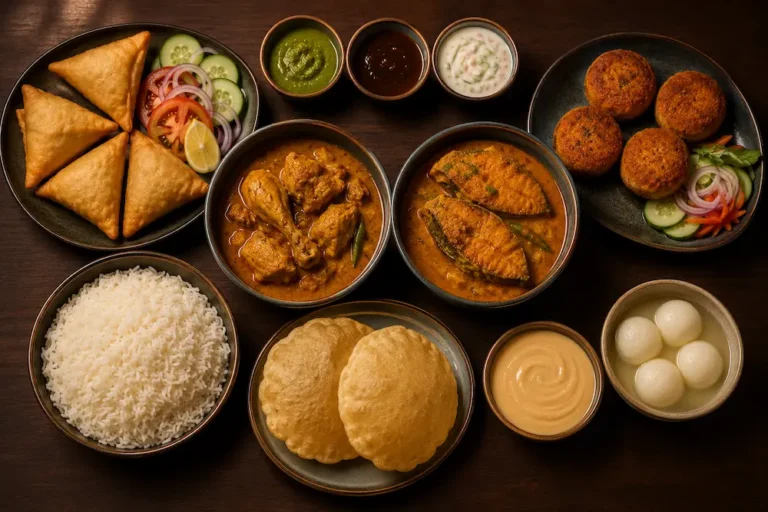 Luxury Bangladeshi favourites set menu featuring vegetable singara, murgir cutlet, mint chutney, tamarind chutney, cucumber raita, murgir jhol, machher jhol, steamed rice, luchi bread, mishti doi, and rasgulla prepared for a private chef dining experience.