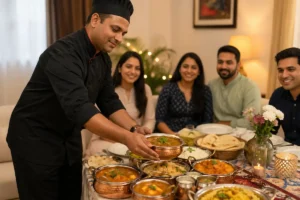Private Chef serving authentic Indian cuisine to guests at a home dining experience in Spain