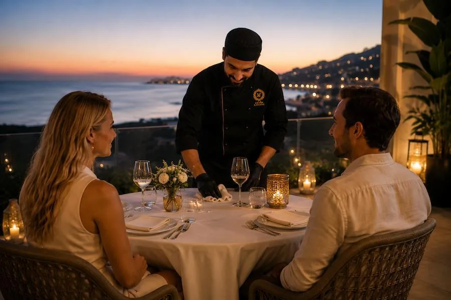 Pakistani private chef providing a luxury private dining experience for guests during an elegant sunset dinner overlooking the sea.