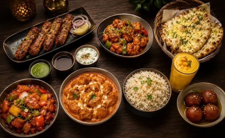 Chef's Special Selection set menu featuring Lamb Seekh Kebab, Gobi Manchurian, Chilli Chicken, Murgh Makhani, Basmati rice, Cheese Garlic Naan, Mango Lassi, Gulab Jamun, and homemade chutneys presented in a luxury private chef dining style.