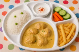 Children's chicken korma set menu with pulao rice, fresh vegetables and yogurt dip.