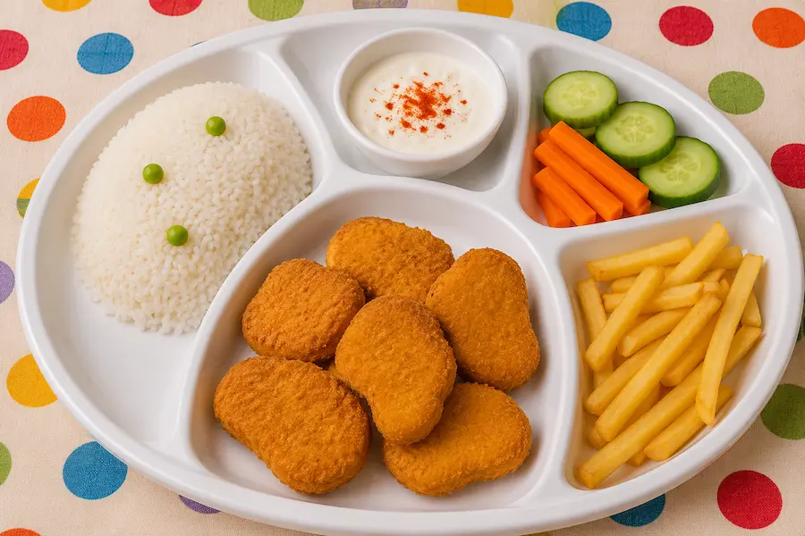 Children's chicken nuggets set menu with rice, chips, fresh vegetables and yogurt dip.