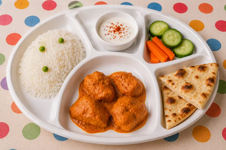 Children's chicken tikka masala set menu with pulao rice, naan bread, fresh vegetables and yogurt dip.