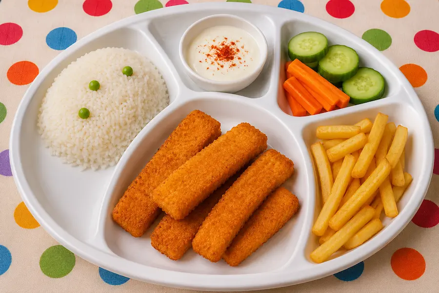 Children's fish fingers set menu with rice, chips, fresh vegetables and yogurt dip.