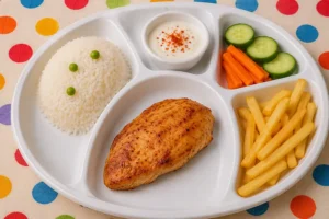 Children's fried chicken pieces set menu with rice, chips, fresh vegetables and yogurt dip.