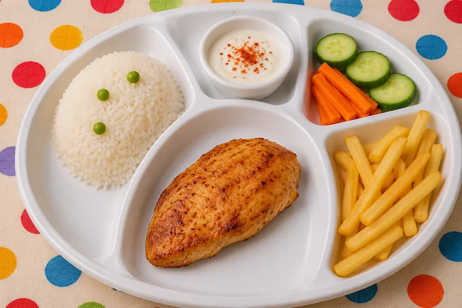 Children's fried chicken pieces set menu with rice, chips, fresh vegetables and yogurt dip.