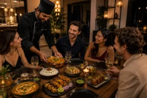 Private chef serving freshly prepared Indian dishes, including chicken tikka and curry, to friends enjoying an elegant dinner party at home.
