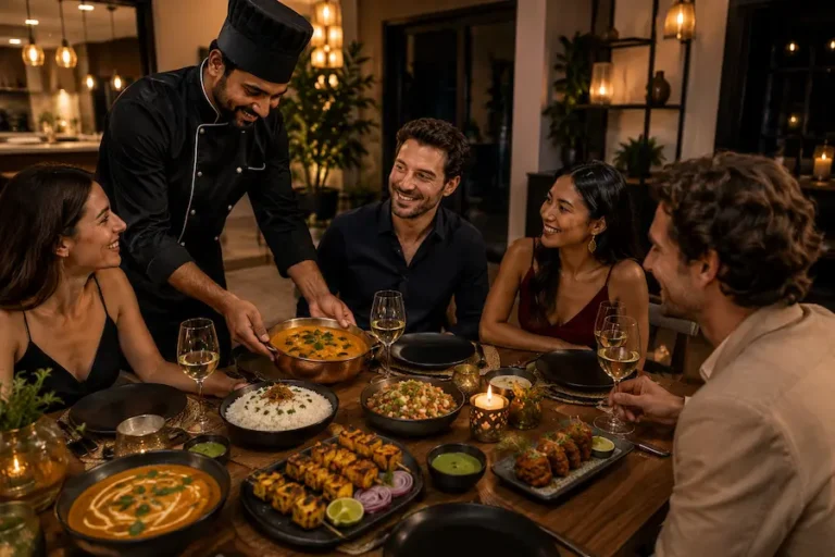 Private chef serving freshly prepared Indian dishes, including chicken tikka and curry, to friends enjoying an elegant dinner party at home.