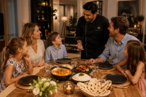 Family enjoying freshly prepared Indian cuisine together at home during a private dining experience