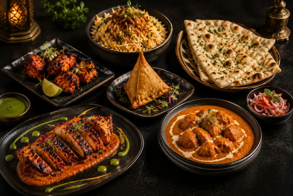 Private chef preparing authentic Indian cuisine at a luxury villa dining experience with tandoori dishes, curry, rice, and naan.