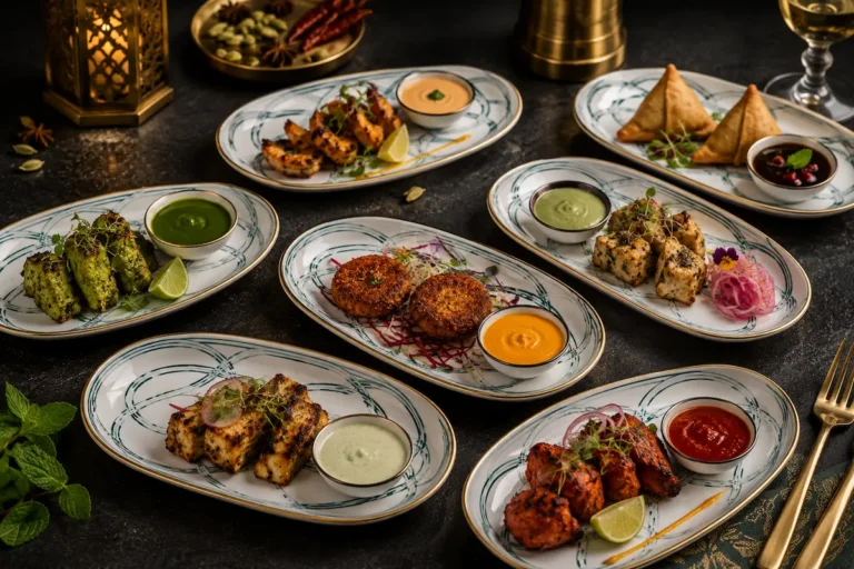 Luxury Indian private chef starter selection featuring tandoori appetisers, samosas, kebabs, paneer tikka, and handcrafted chutneys served during a private dining experience in Spain.