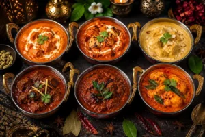 A luxury selection of Indian curries including butter chicken, chicken tikka masala, chicken korma, beef rogan josh, beef madras, and fish curry, beautifully presented in traditional serving bowls for a private chef dining experience.