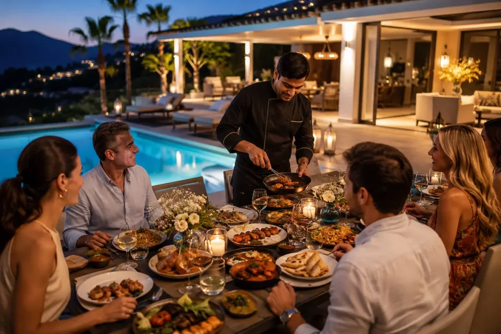 Private chef serving authentic Indian cuisine to guests during a luxury villa dining experience by the pool in Spain.