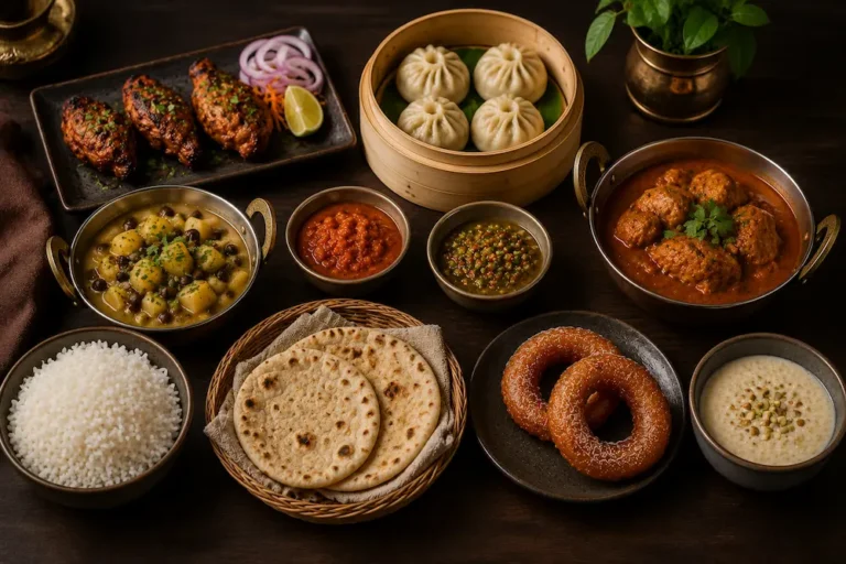Nepali favourites set menu featuring Chicken Sekuwa, Vegetable Momos, Kukhura Ko Masu, Aloo Tama, steamed Bhat, Nepali Roti, Sel Roti, Kheer, and traditional Nepali chutneys presented in a luxury private chef dining style.