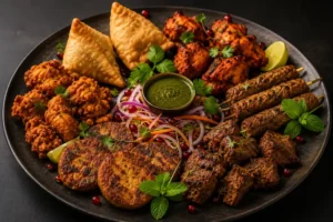 Luxury non-vegetarian starters platter featuring chicken samosas, chicken pakora, chicken tikka, lamb seekh kebabs, lamb boti tikka, shami kebabs, and mint chutney, beautifully presented for a private dining experience.