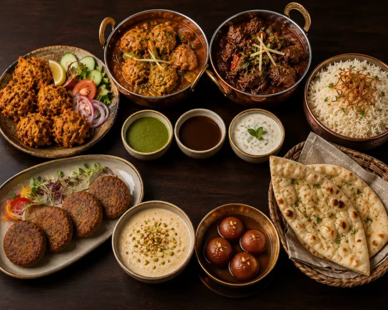 Luxury Pakistani specialities set menu featuring vegetable pakora, shami kebab, mint chutney, tamarind chutney, raita, chicken karahi, beef balti, pilau rice, naan bread, kheer, and gulab jamun prepared by a private chef.