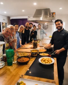 Private chef hosting a group dining experience in a modern kitchen with guests enjoying freshly prepared food.
