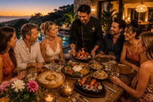 Indian private chef serving a holiday dining experience for family and friends at a luxury villa in Spain.