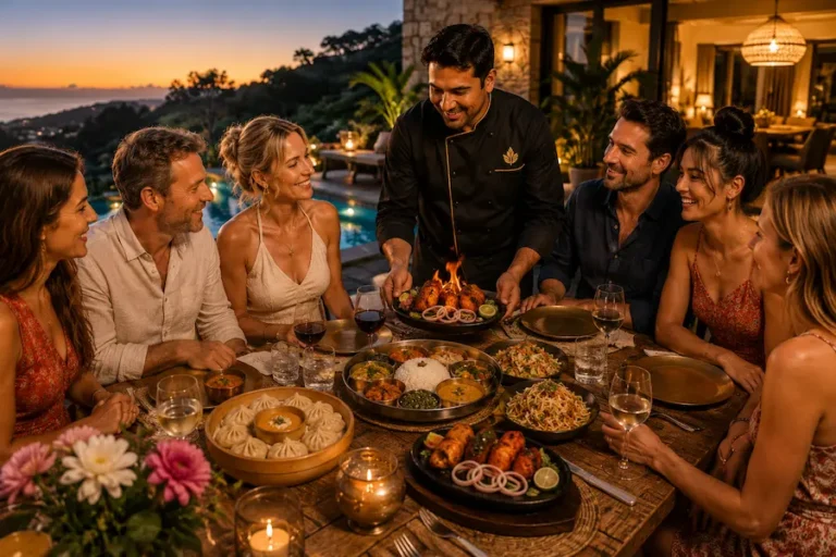 Indian private chef serving a holiday dining experience for family and friends at a luxury villa in Spain.