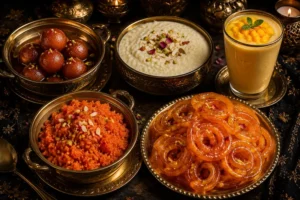 Luxury selection of traditional Indian desserts including gulab jamun, kheer, mango lassi, gajar halwa, and jalebi, beautifully presented in elegant serving dishes for a private chef dining experience.
