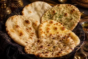 Luxury selection of freshly baked naan breads including plain naan, garlic naan, butter naan, cheese naan, and peshwari naan, beautifully presented on an elegant serving platter for a private chef dining experience.