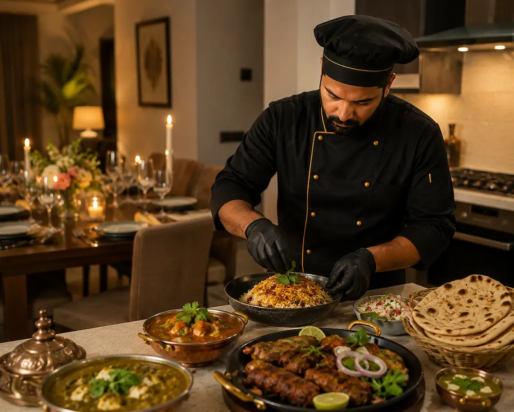 Professional private chef preparing authentic Indian and South Asian cuisine during a luxury private dining experience at home.