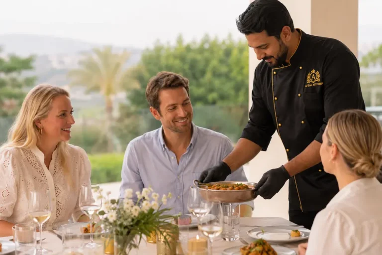 Pakistani private chef serving Indian cuisine to English-speaking guests during a private dining experience at home.