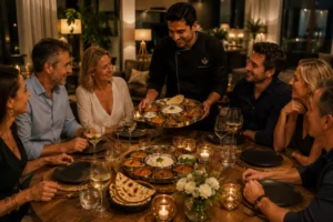 Indian private chef serving authentic cuisine to friends and family during a small gathering at home.