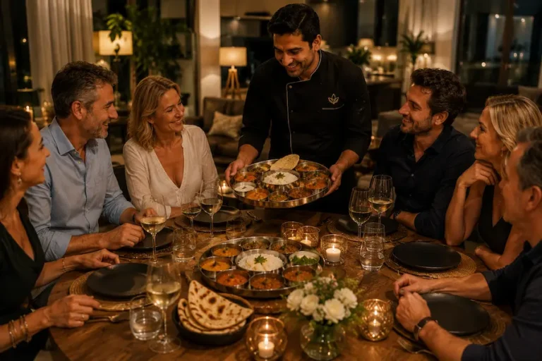 Indian private chef serving authentic cuisine to friends and family during a small gathering at home.