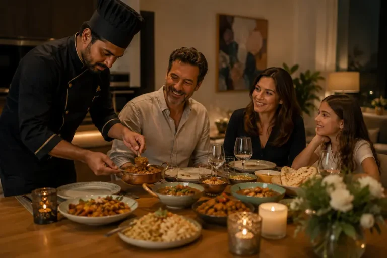 Private chef serving authentic Indian cuisine to a family at home in a warm and elegant dining setting.