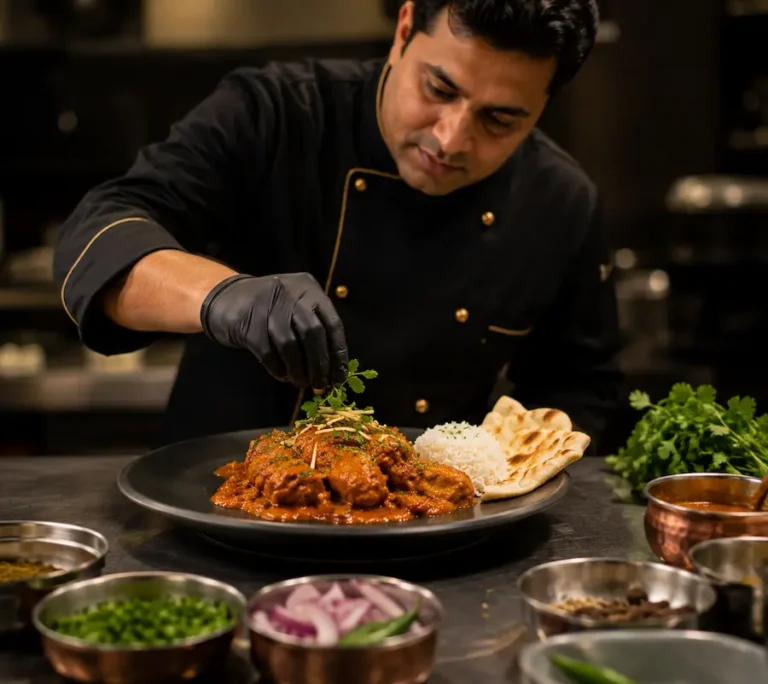 Private chef carefully preparing and plating an authentic Indian dish using fresh ingredients and professional culinary techniques.