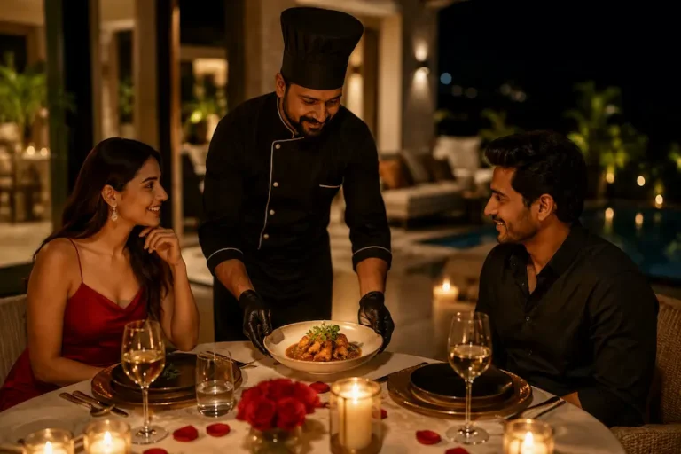 Private chef serving a romantic candlelit dinner for a couple enjoying an intimate dining experience at home