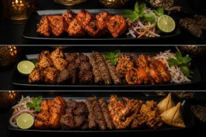 Luxury tandoori grill selection featuring chicken tikka, mixed grill with lamb, beef, seekh kebab and king prawns, alongside a traditional tandoori platter with pakoras and samosas, prepared by a private chef in Spain.